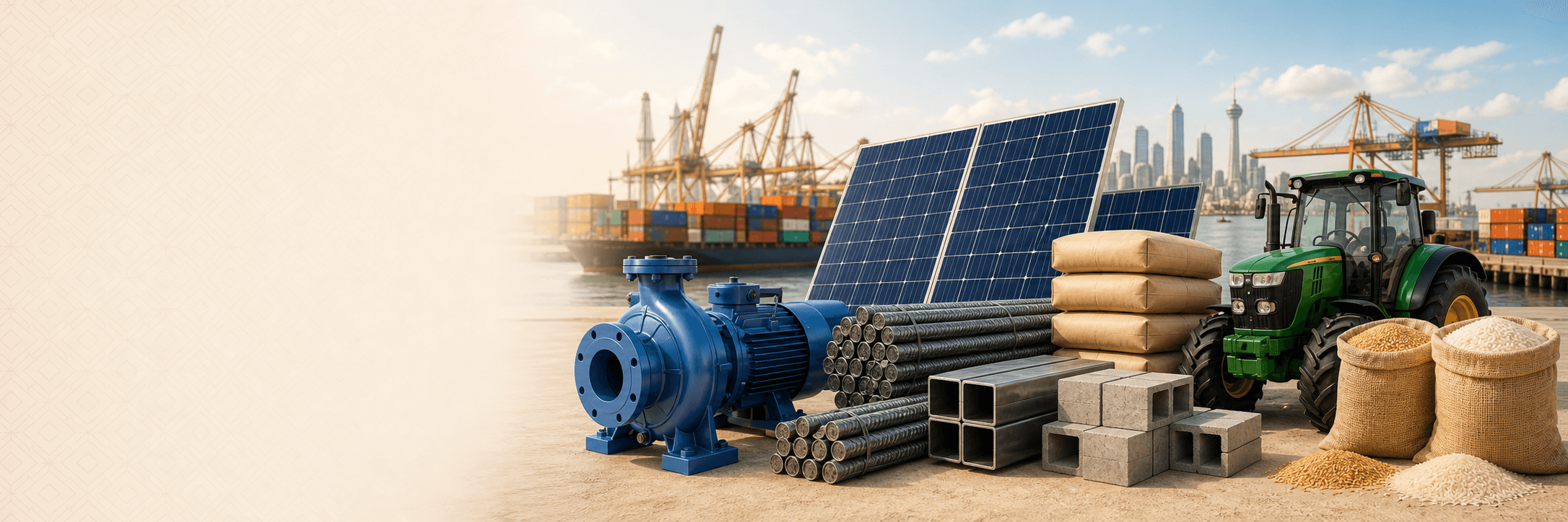 Solar panels, irrigation pump, steel, building materials, tractor and grain ready for cross-border sourcing